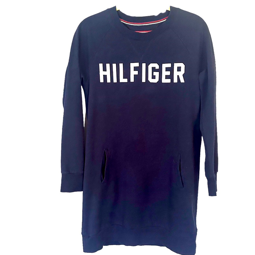 Tommy Hilfiger Size XS Fleece Spellout Tunic Sweatshirt Navy Blue